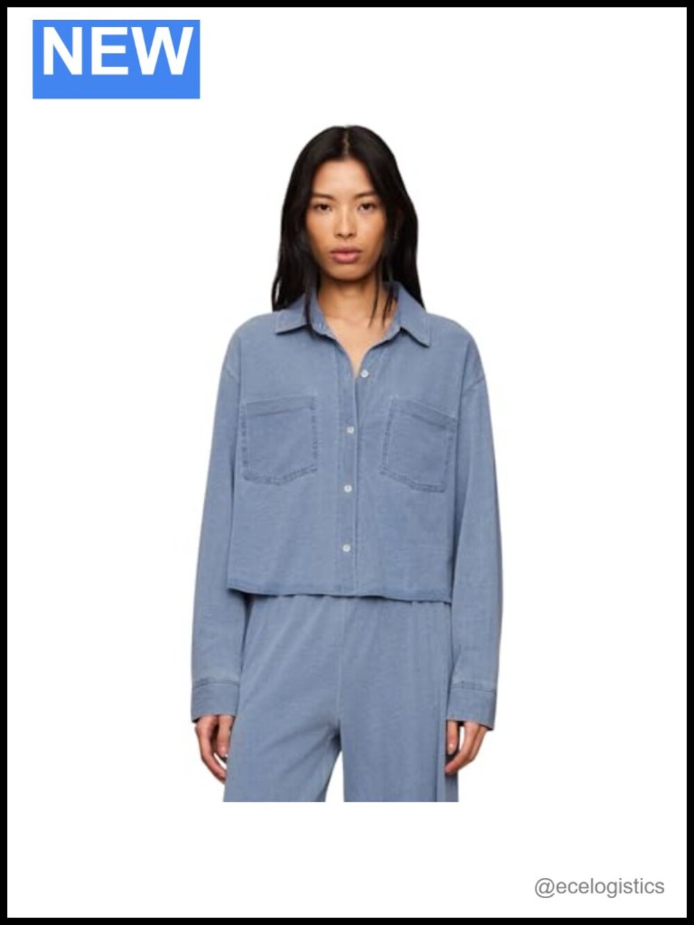 Cropped Denim Button Up Shirt with Collar and Chest Pocket